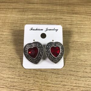 Vintage Heart-Shaped Red and Silver engraved Earrings